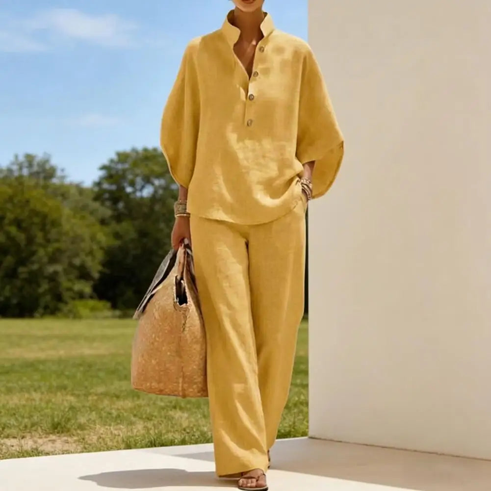 Coordinated Women Clothing Breathable Summer Outfit Women’s Batwing Sleeve Linen Two-piece Set Shirt Wide Leg Pants Outfit
