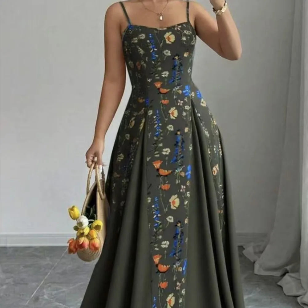 Women's Clothing Dresses For Ladies Spaghetti Strap Vestido Simple Style Temperament Printed Slim Sling Sleeveless Contrast