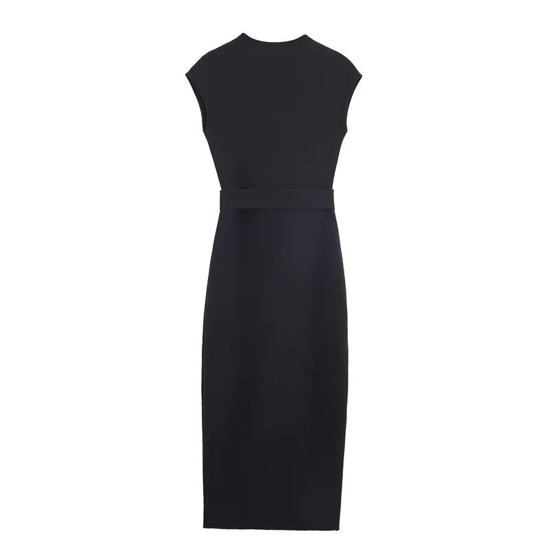 Women's clothing  fashion with belt elastic Midi dress