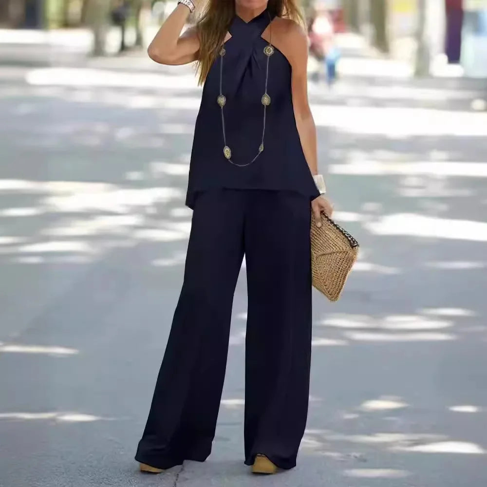 Women's Clothing 2025 New Fashion Casual Halter Neck Solid Color Sleeveless Suit Wide Leg Pants Trousers Two-piece Suit