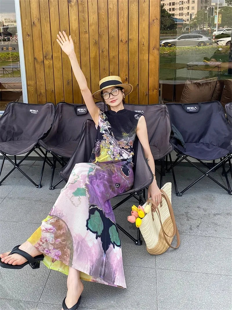 Women's Miyake Pleated Print Fishtail Dress — Chinese Style Cheongsam Summer Skirt