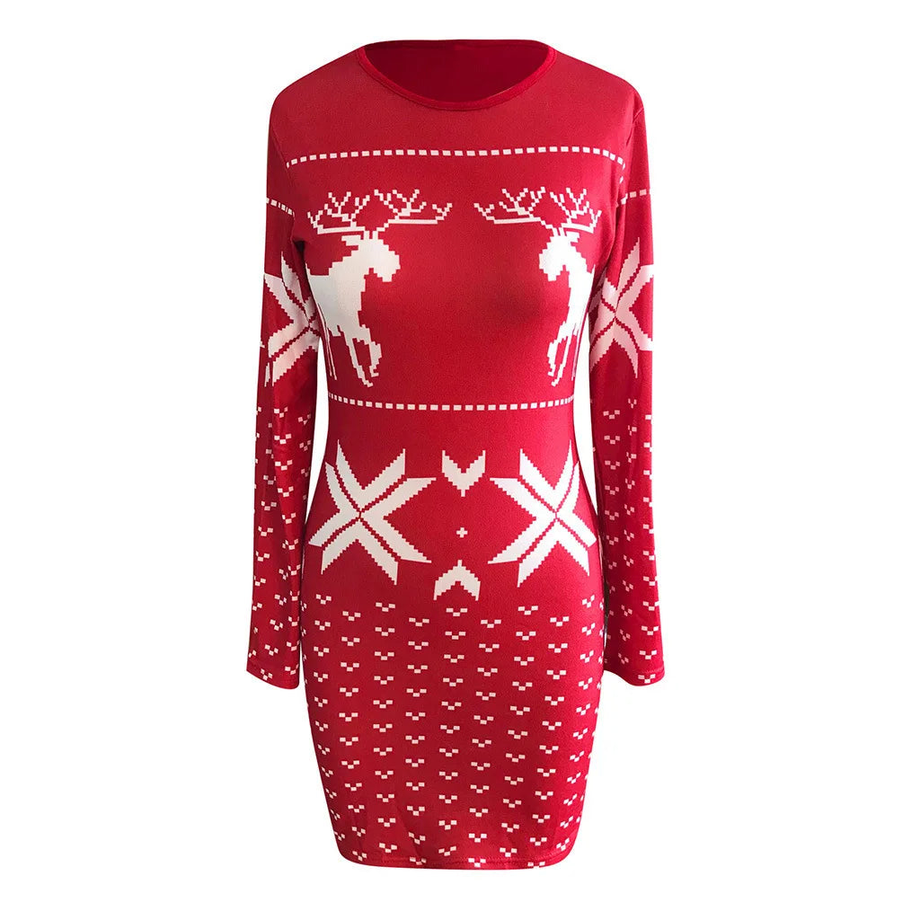 Women's Clothing Autumn Christmas Printed Tight Hip-hugging Dress Long-sleeved Slimming T-shirt Short Skirt