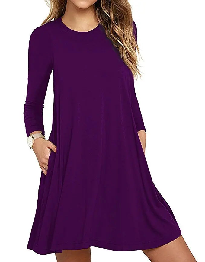 Women's Clothing New Autumn Winter Dress Solid Color Round Neck Swing Pocket Swing