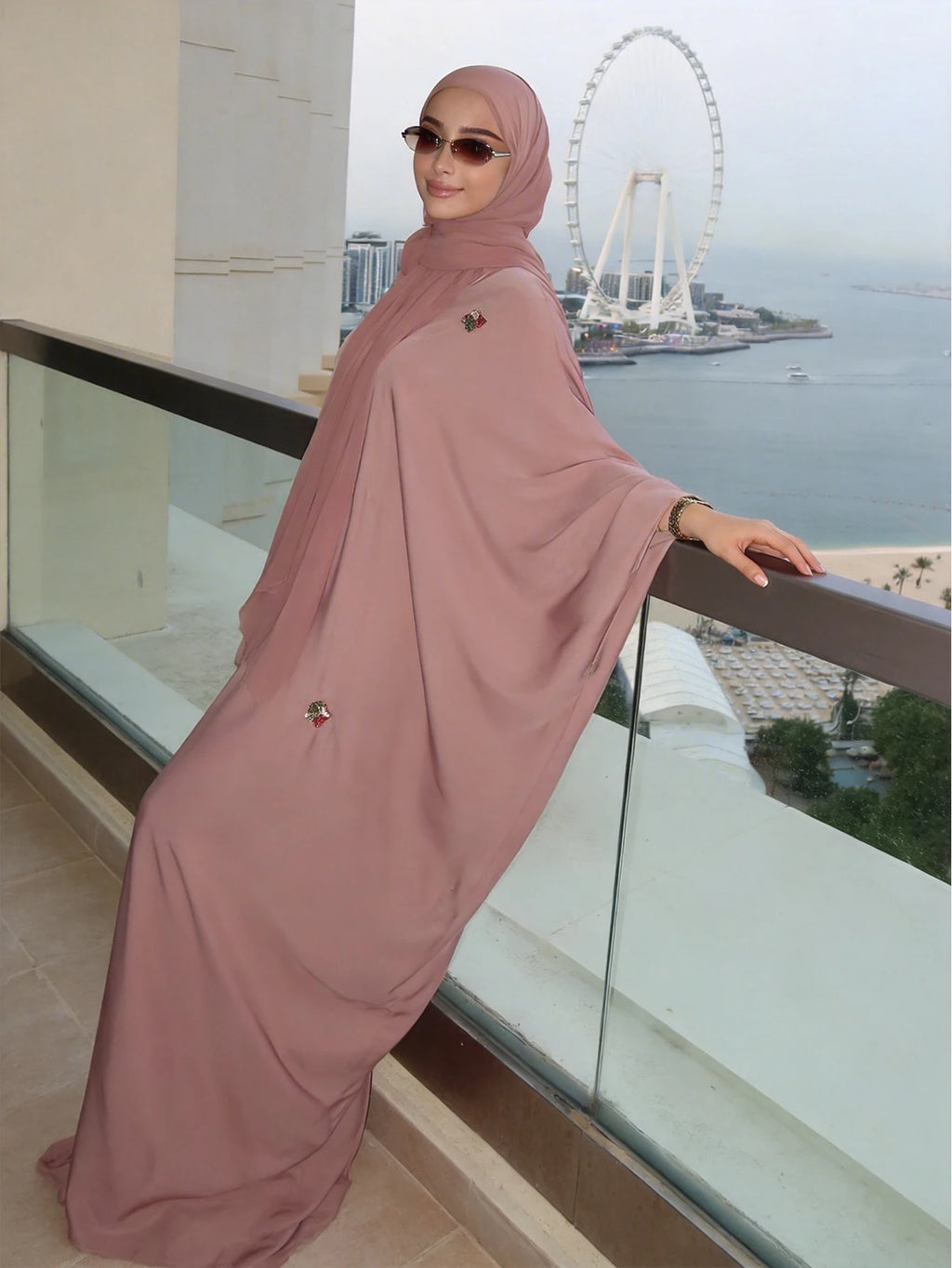 Women's Elegant Islamic Clothing, Pink Embroidered Robe, Loose Batwing Sleeve Arab Abaya