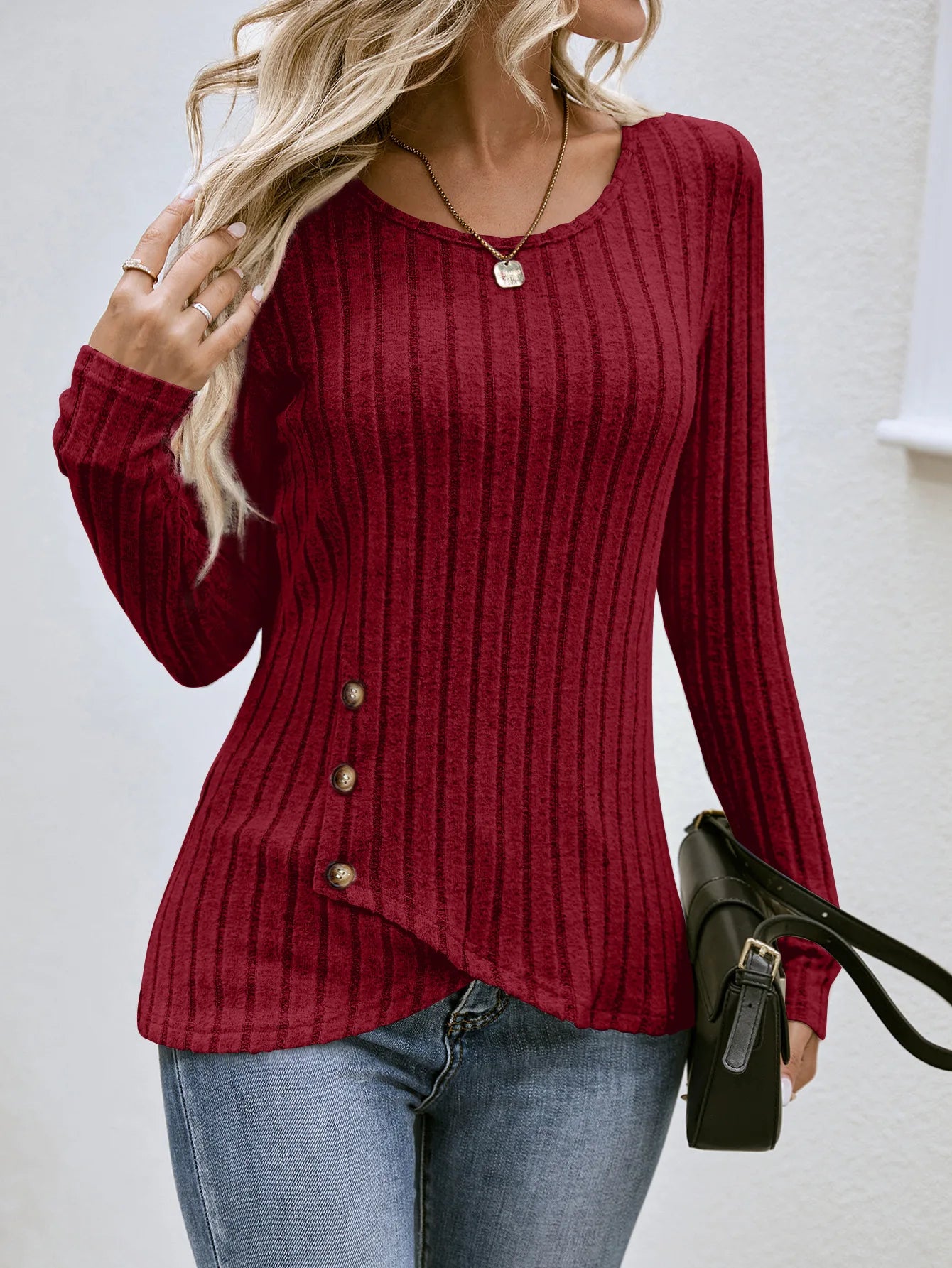 Women's Clothing Western Tops 2024 hot autumn new waist cinched round neck tight long sleeved top Europe America T-Shirts Tees