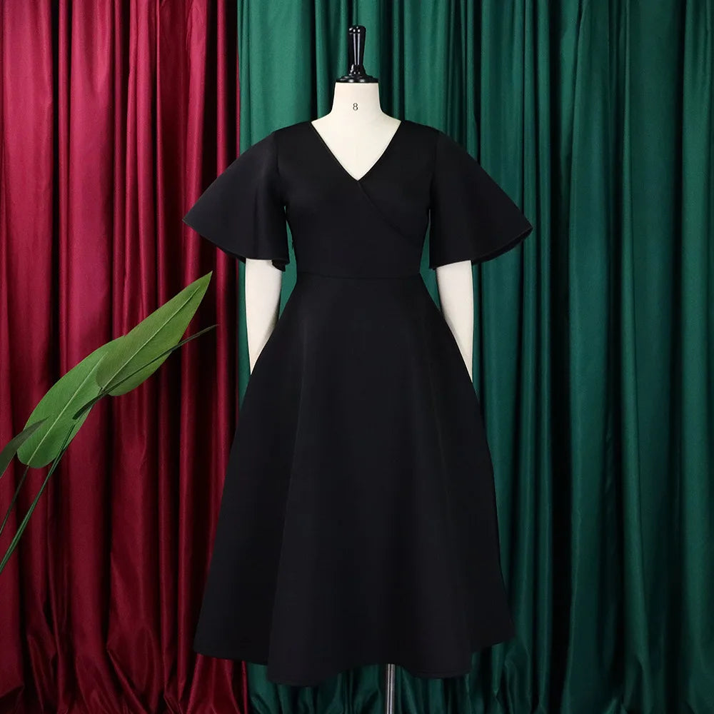 Elegant Dresses for Women V Neck Flare Sleeve High Waisted Pleated A Line Mid Calf Luxury Birthday Party Dinner Vestidos Mujer
