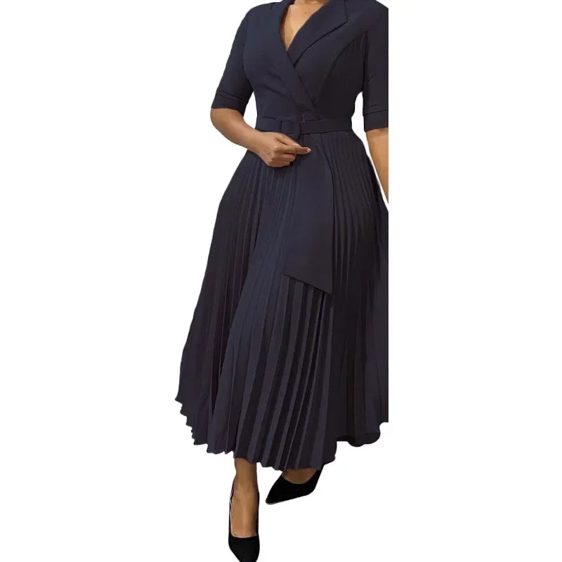Summer New Women Clothing Elegant Office Dresses Pleated Woman Notched Collar Half Sleeve Belt Waisted Mid Female Vestidos