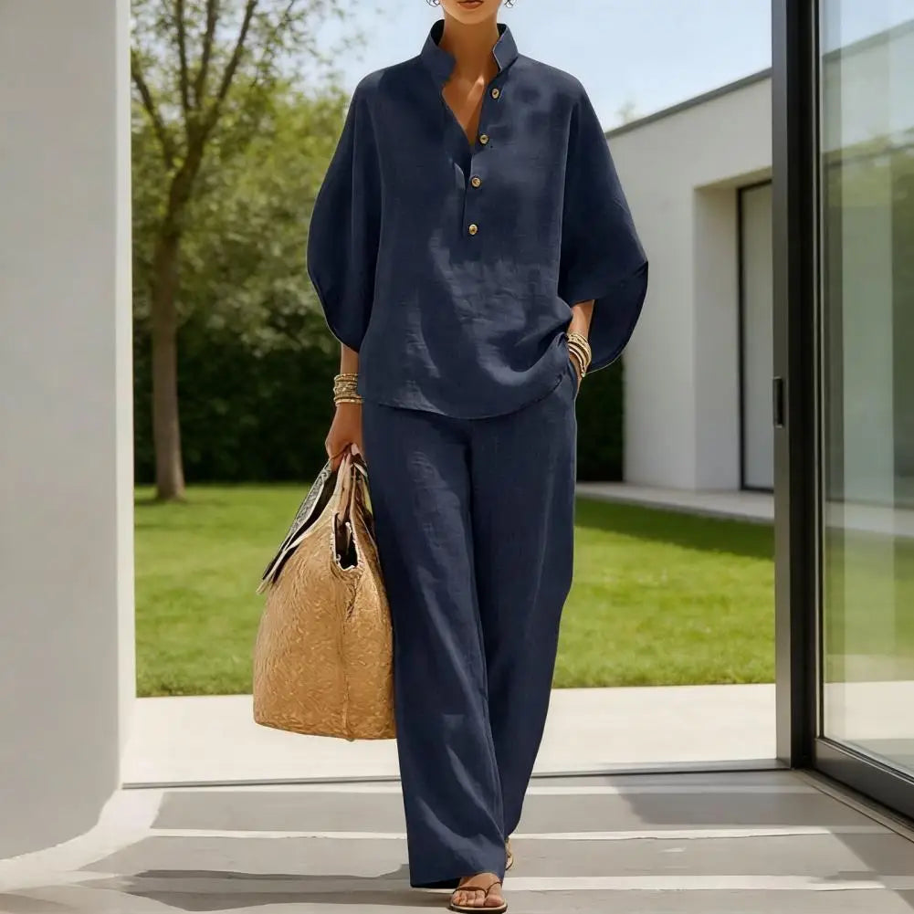 Coordinated Women Clothing Breathable Summer Outfit Women’s Batwing Sleeve Linen Two-piece Set Shirt Wide Leg Pants Outfit