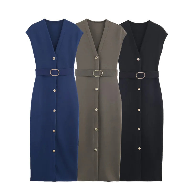 Women's clothing  fashion with belt elastic Midi dress