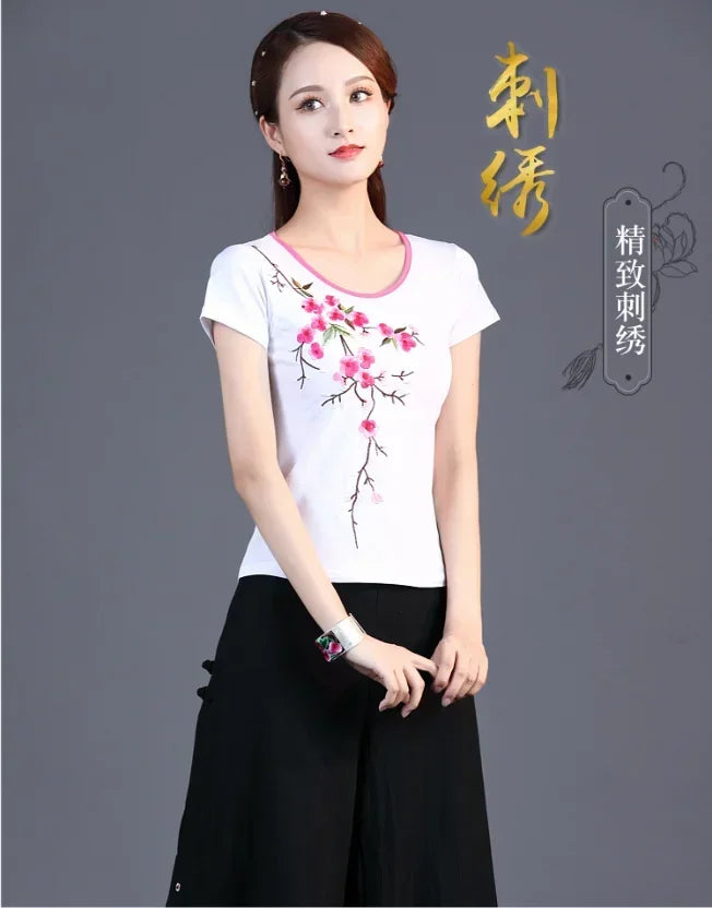 Women Clothes Shirts for Women T-shirts Y2k Tops Vintage Women Clothing Fashion Casual Elegant Summer Embroidery Ethnic Style