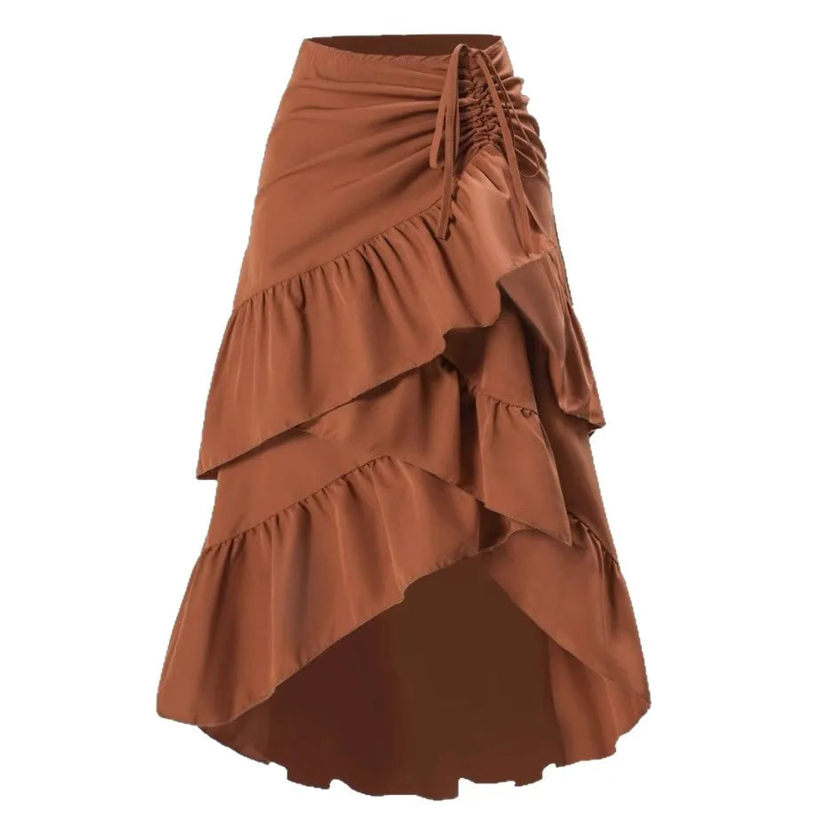 Women's High Waisted Ruffled Hem Skirt — Patchwork Slimming Half Skirt