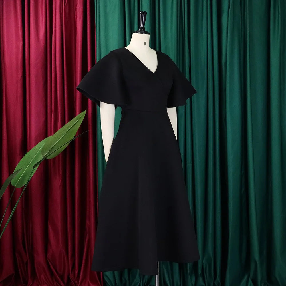 Elegant Dresses for Women V Neck Flare Sleeve High Waisted Pleated A Line Mid Calf Luxury Birthday Party Dinner Vestidos Mujer