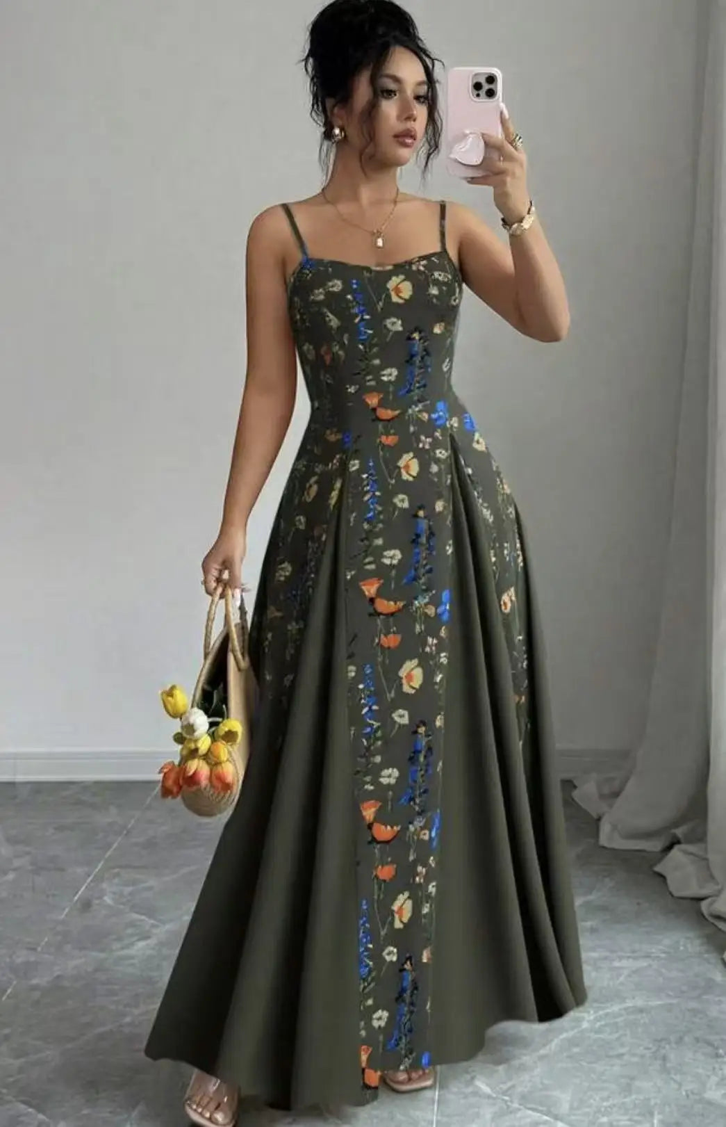 Women's Clothing Dresses For Ladies Spaghetti Strap Vestido Simple Style Temperament Printed Slim Sling Sleeveless Contrast