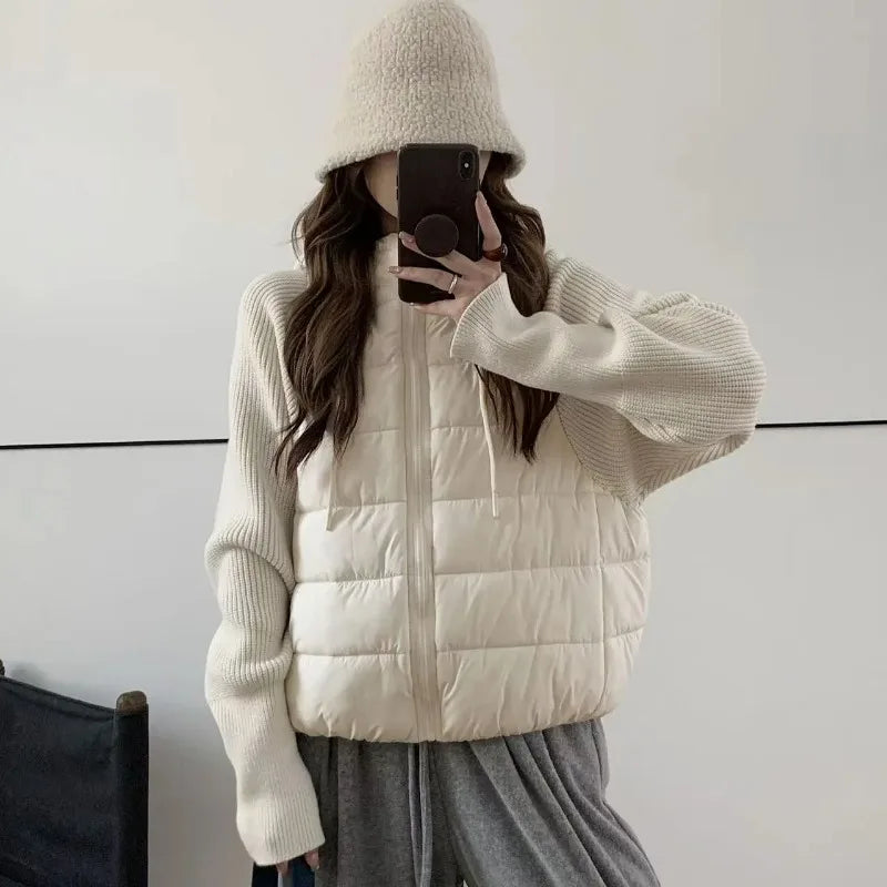 Women's Knitted Splicing Down Cotton Coat — Warm Versatile Short Winter Jacket