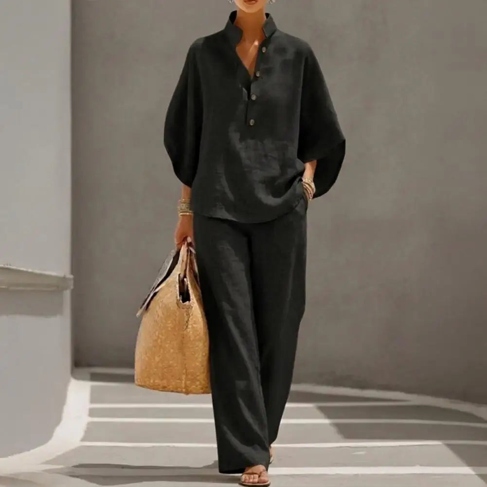 Coordinated Women Clothing Breathable Summer Outfit Women’s Batwing Sleeve Linen Two-piece Set Shirt Wide Leg Pants Outfit