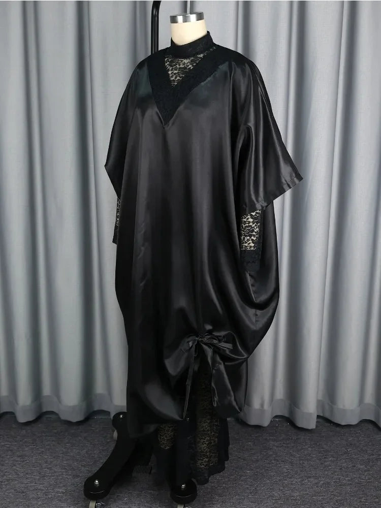 Women's Elegant Two-Piece Set Shiny Dress with Lace Interior Long Sleeve Autumn Occasion Fashionable Female Clothing