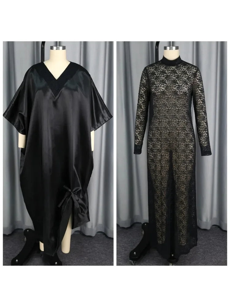 Women's Elegant Two-Piece Set Shiny Dress with Lace Interior Long Sleeve Autumn Occasion Fashionable Female Clothing