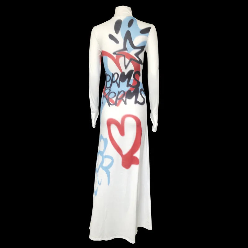 Women's High-Neck Colour Block Graffiti Long Dress — Slim Fit Bodycon Maxi