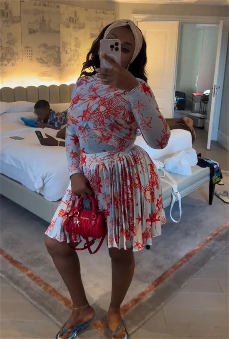 Women Clothing 2 Pieces Print Long Sleeve Shirt Top and Pleated Mini Skirt Luxury Fashion Wear Elegant Party Birthday Dress Set