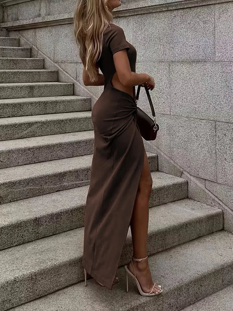 Winter Women's Clothing Sexy Backless Bodycon Dress For Woman Elegant Evening Wear Stretch Polyester High Slit Knotted Detail
