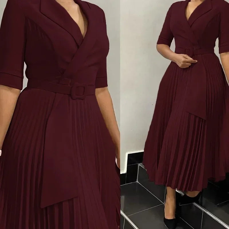 Summer New Women Clothing Elegant Office Dresses Pleated Woman Notched Collar Half Sleeve Belt Waisted Mid Female Vestidos