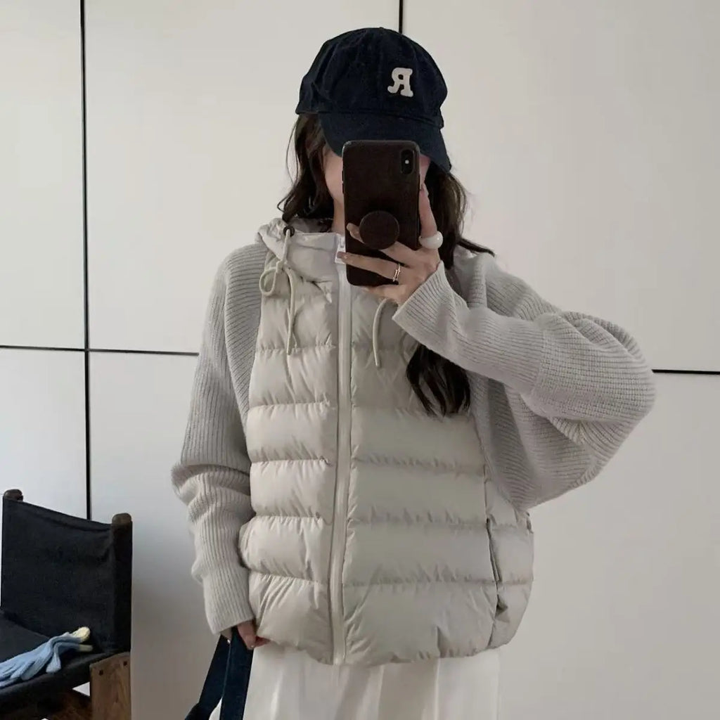 Women's Knitted Splicing Down Cotton Coat — Warm Versatile Short Winter Jacket