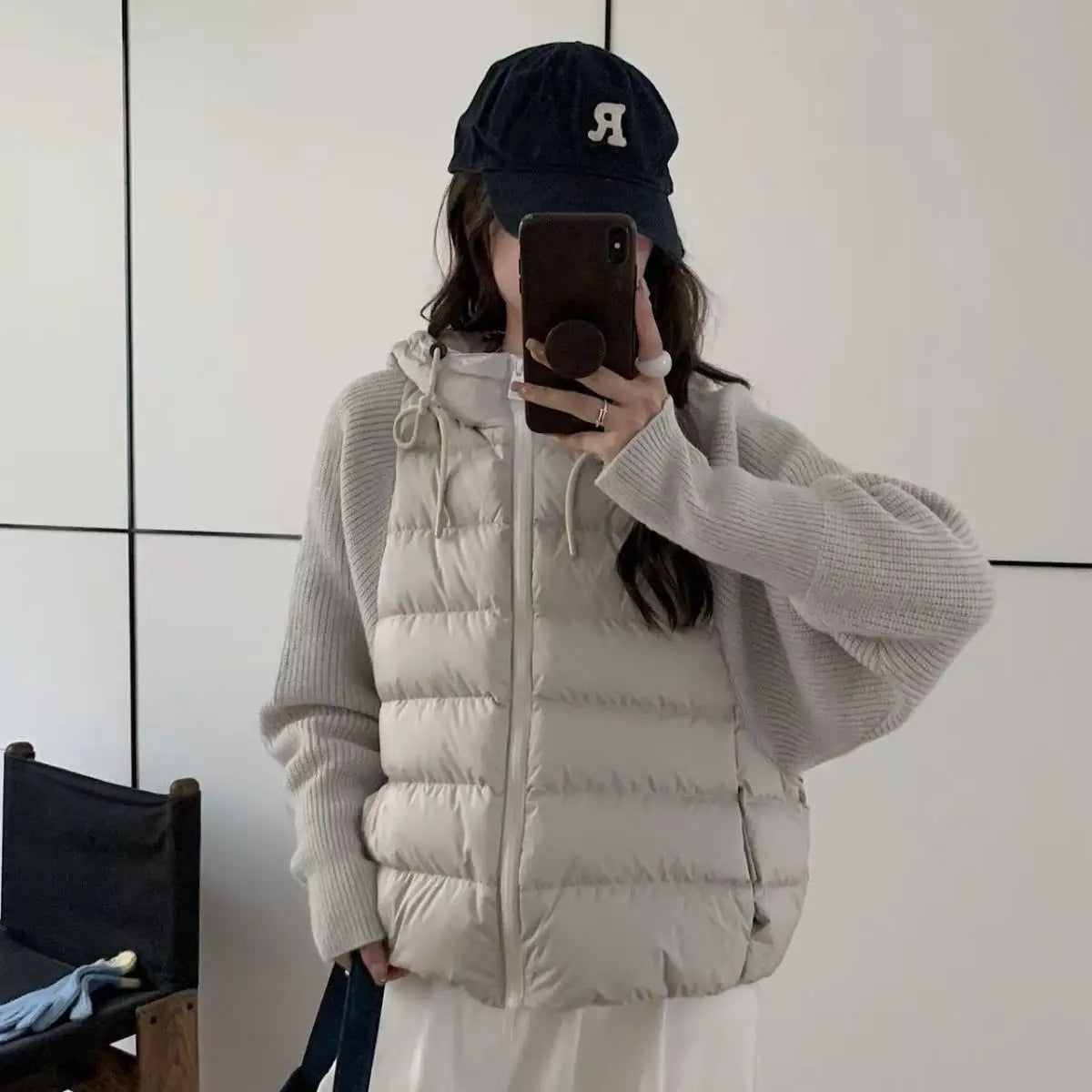 Women's Knitted Splicing Down Cotton Coat — Warm Versatile Short Winter Jacket