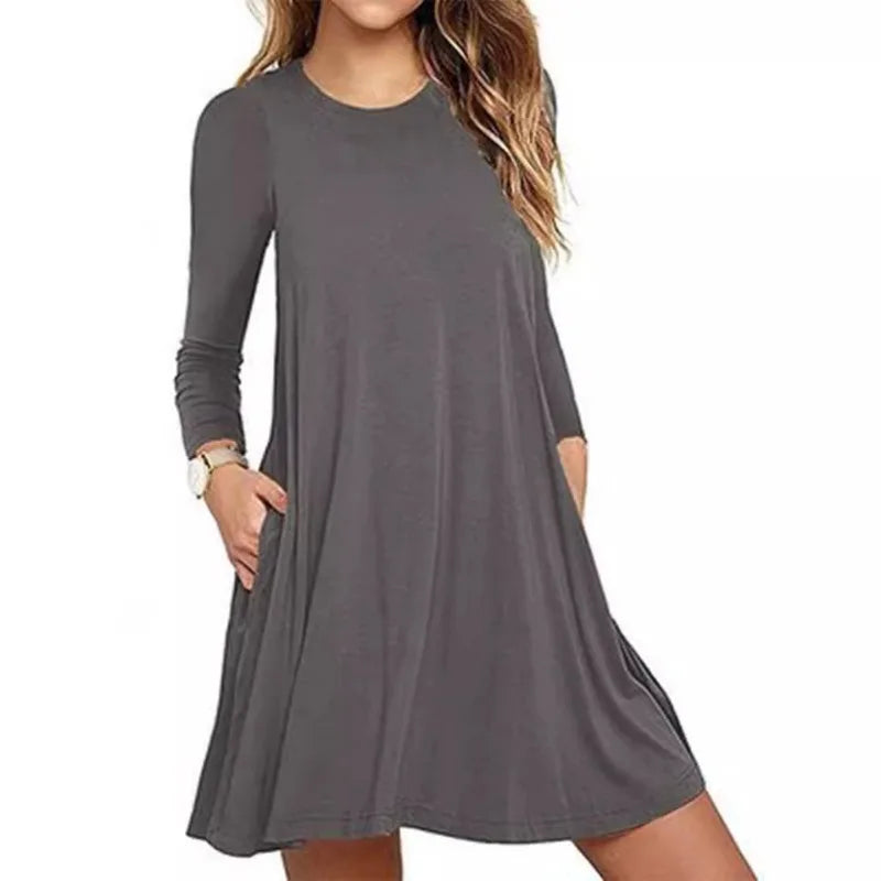 Women's Clothing New Autumn Winter Dress Solid Color Round Neck Swing Pocket Swing