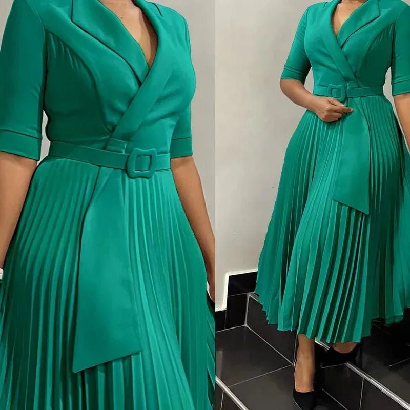 Summer New Women Clothing Elegant Office Dresses Pleated Woman Notched Collar Half Sleeve Belt Waisted Mid Female Vestidos