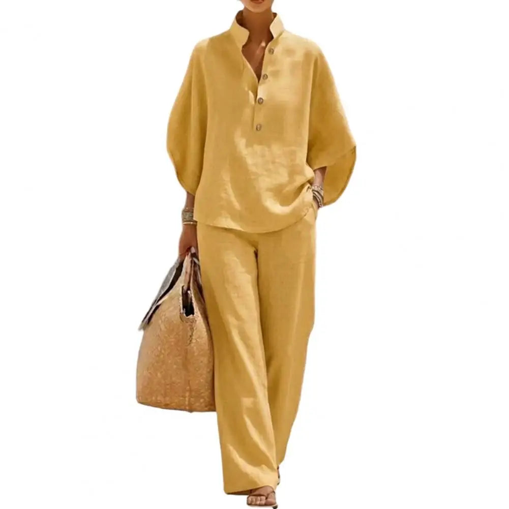Coordinated Women Clothing Breathable Summer Outfit Women’s Batwing Sleeve Linen Two-piece Set Shirt Wide Leg Pants Outfit