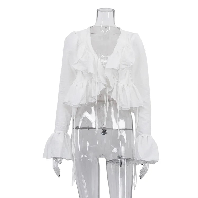 Women's clothing  spring new design ruffle edge horn sleeve lace-up top versatile shirt