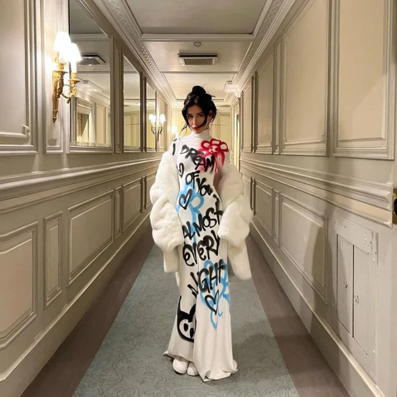 Women's High-Neck Colour Block Graffiti Long Dress — Slim Fit Bodycon Maxi