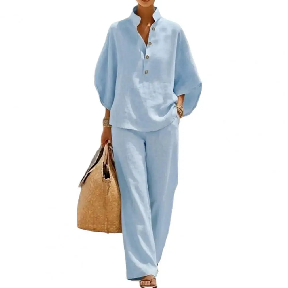 Coordinated Women Clothing Breathable Summer Outfit Women’s Batwing Sleeve Linen Two-piece Set Shirt Wide Leg Pants Outfit