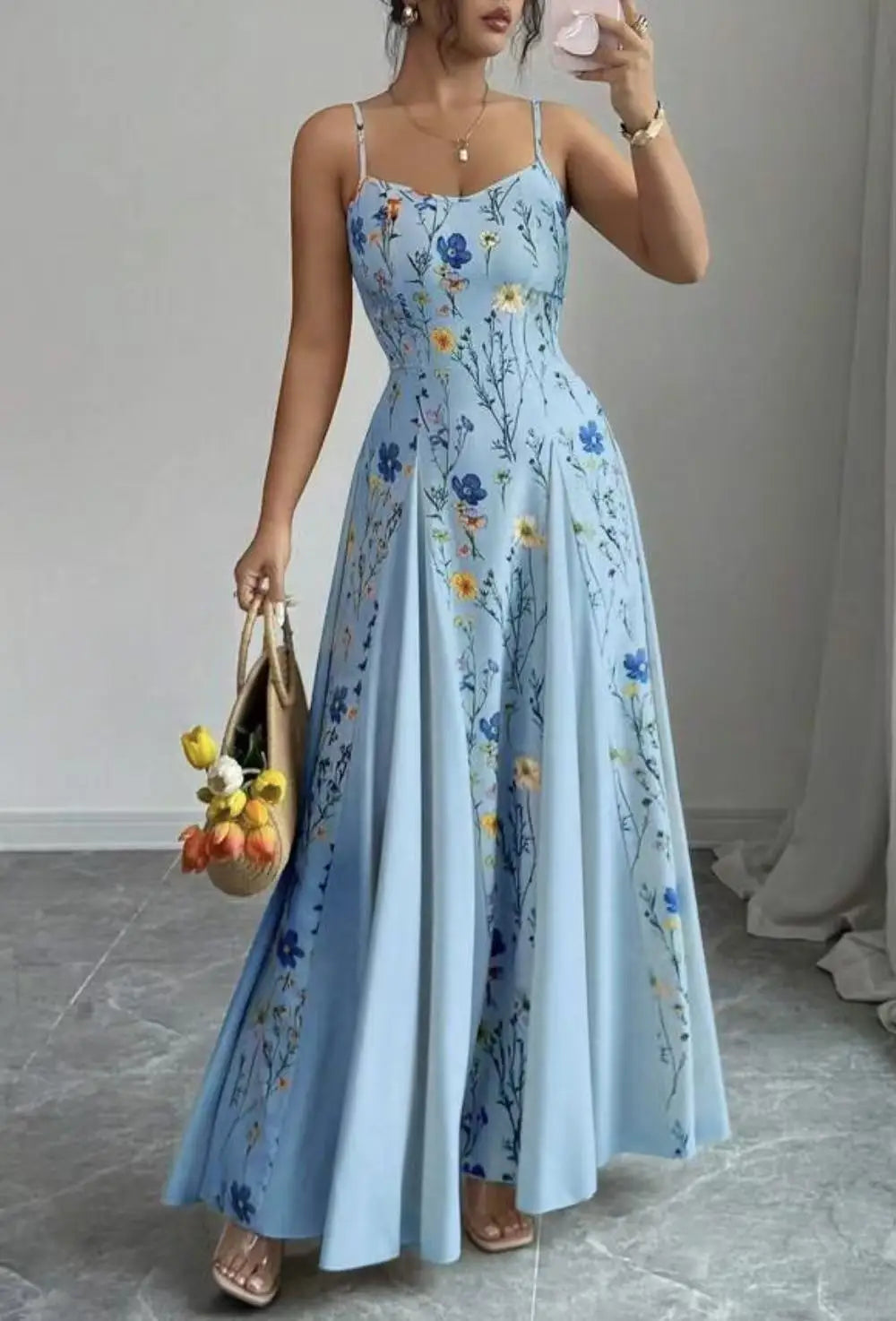 Women's Clothing Dresses For Ladies Spaghetti Strap Vestido Simple Style Temperament Printed Slim Sling Sleeveless Contrast