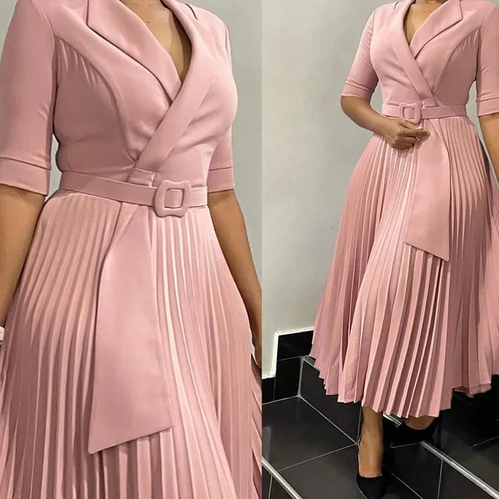 Summer New Women Clothing Elegant Office Dresses Pleated Woman Notched Collar Half Sleeve Belt Waisted Mid Female Vestidos