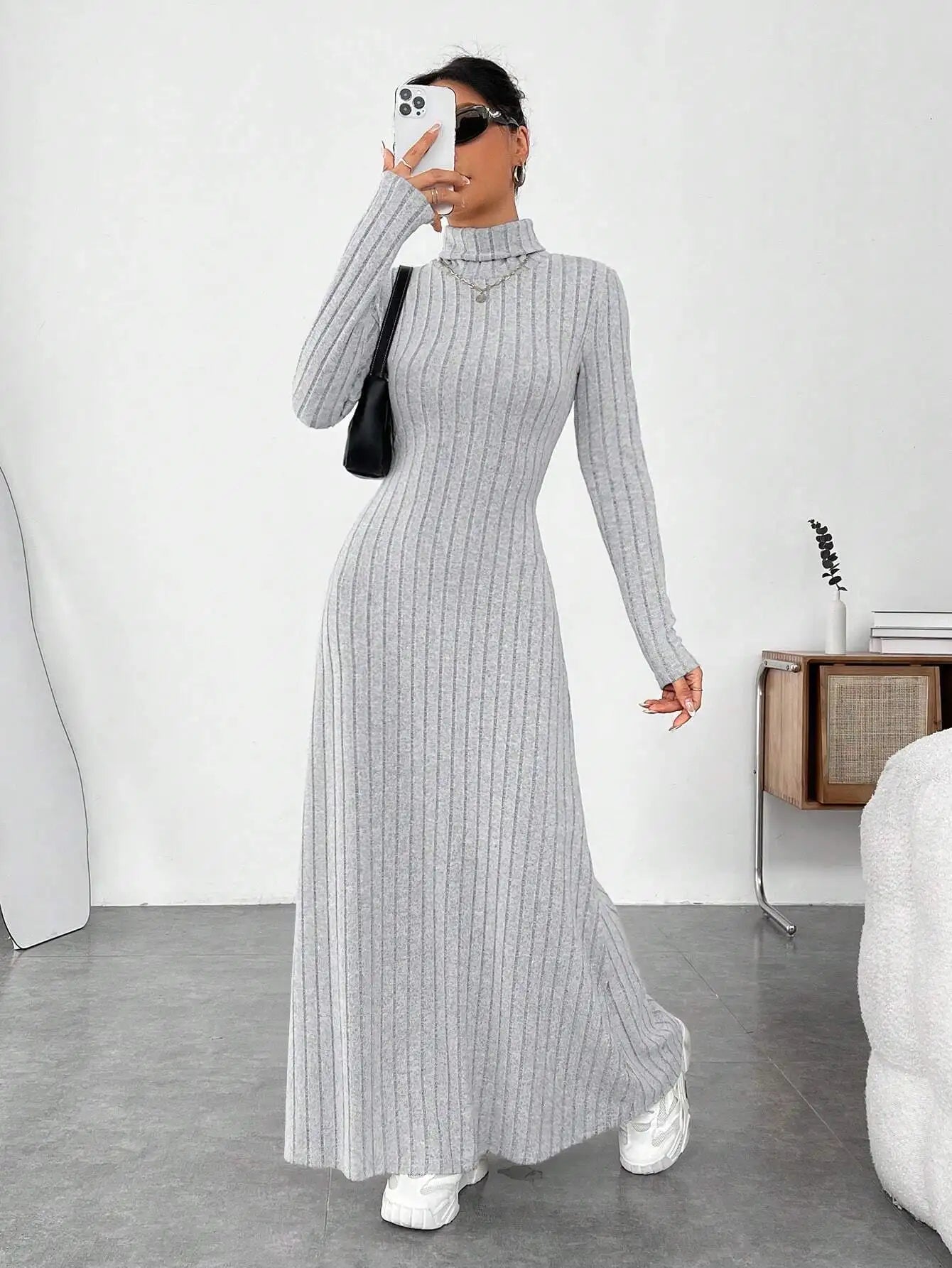 Women's Clothing 2025 Autumn/Winter Elegant Slim-Fit Turtleneck Solid Color Sweater Dress