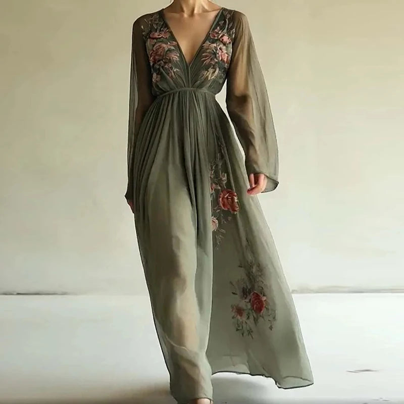 Women's Clothing Trend 2025 Spring Long Sleeve High Waist Evening Dresses Sexy V Neck Floral Printed Boho Holiday Dress Vestidos