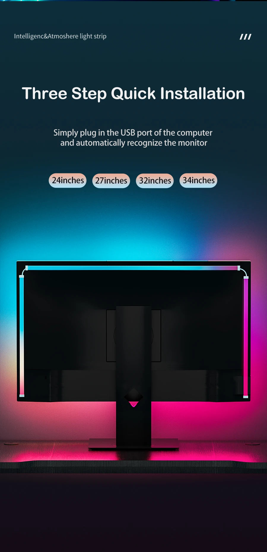 Smart LED Gaming Strip Light Computer Monitor Backlight Sync Strip Light RGB Light Bar Screen USB Gaming Bedroom Decor Lamp