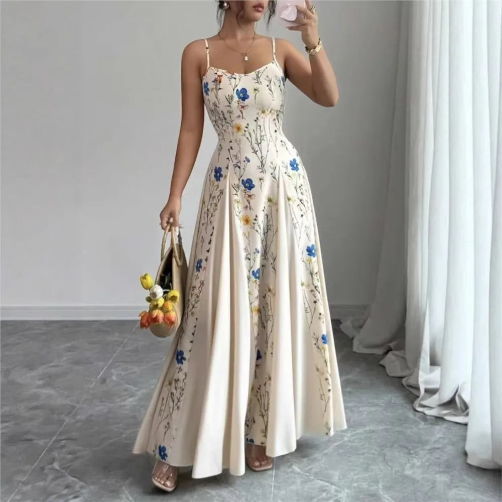 Women's Clothing Dresses For Ladies Spaghetti Strap Vestido Simple Style Temperament Printed Slim Sling Sleeveless Contrast