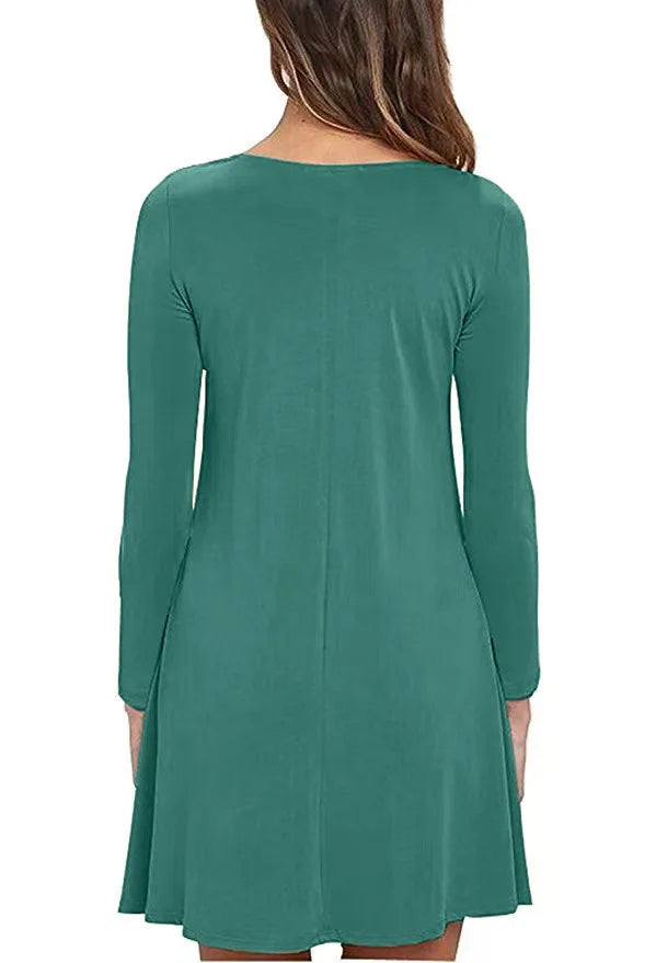 Women's Clothing New Autumn Winter Dress Solid Color Round Neck Swing Pocket Swing