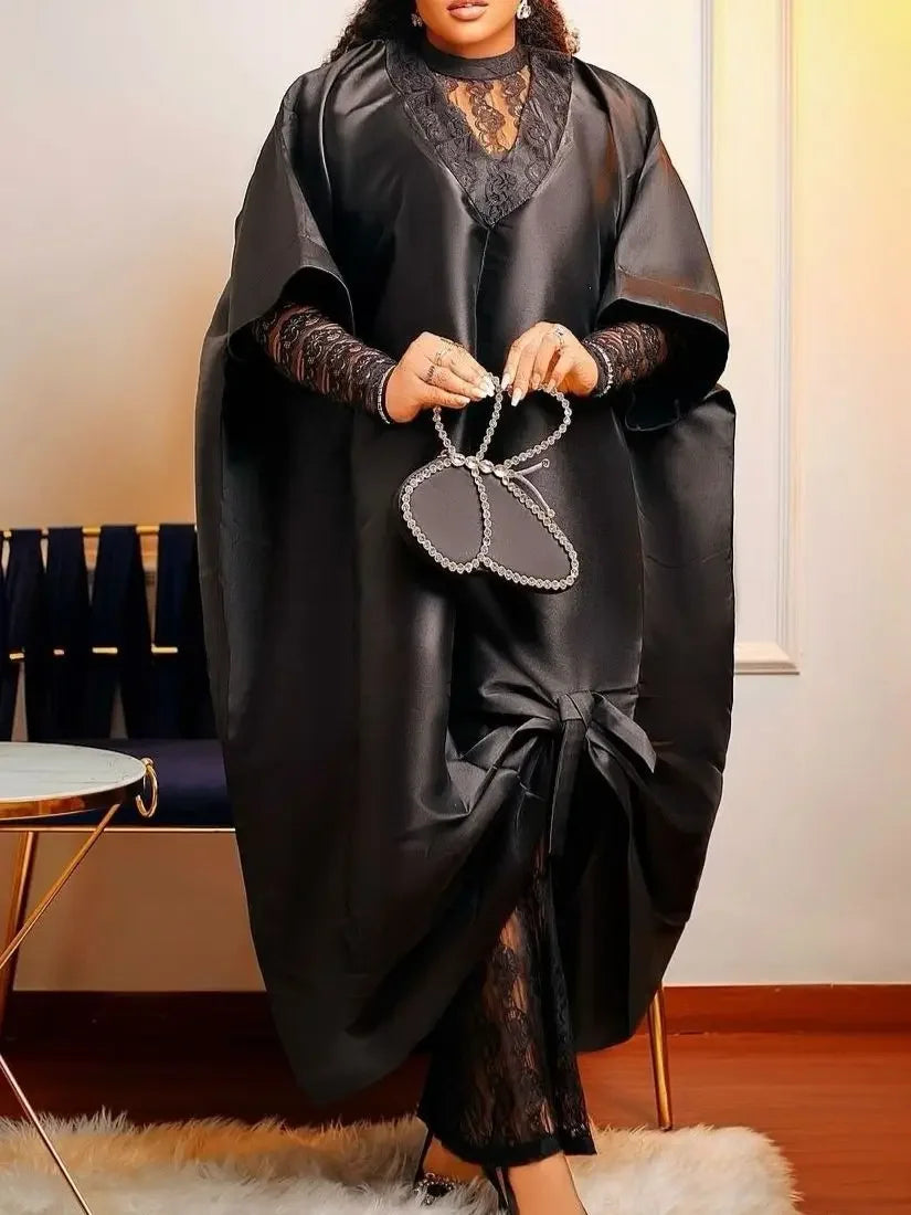 Women's Elegant Two-Piece Set Shiny Dress with Lace Interior Long Sleeve Autumn Occasion Fashionable Female Clothing