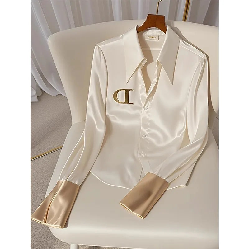 Women's Acetate Satin Blouse — High-End Niche Cool White Office Shirt