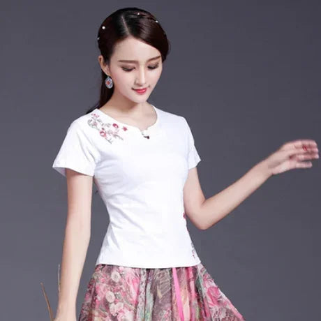 Women Clothes Shirts for Women T-shirts Y2k Tops Vintage Women Clothing Fashion Casual Elegant Summer Embroidery Ethnic Style