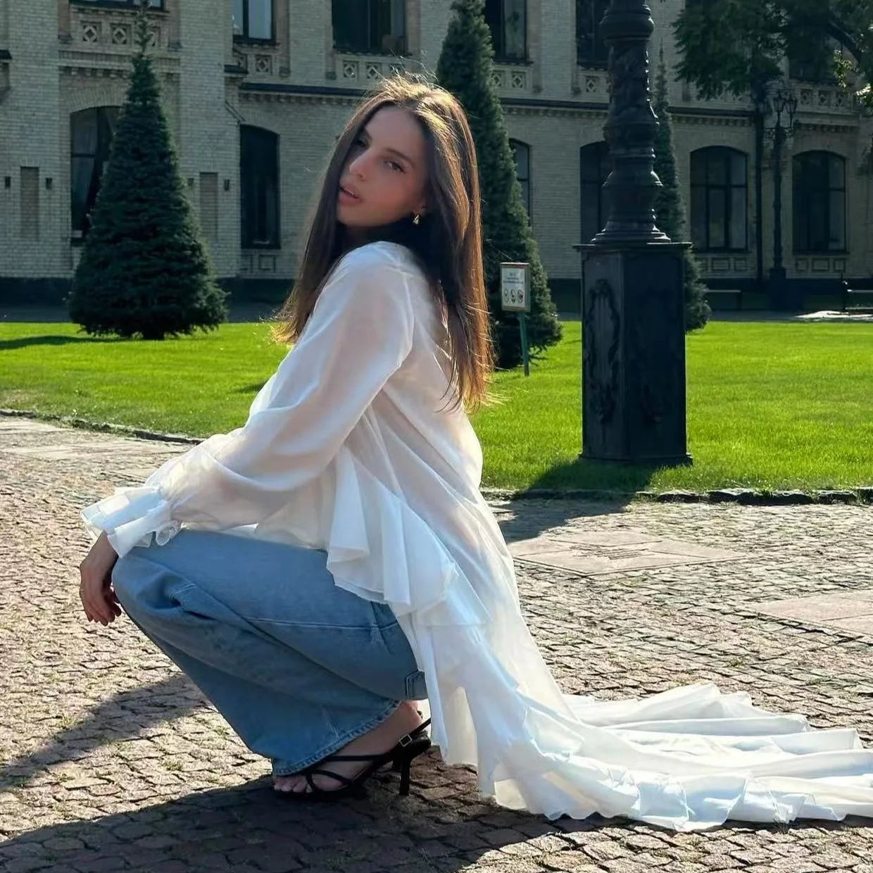 Women's Clothing 2025 Spring And Summer New Sweet And Fresh V-neck Long Sleeved Irregular Hem Shirt Women's Top