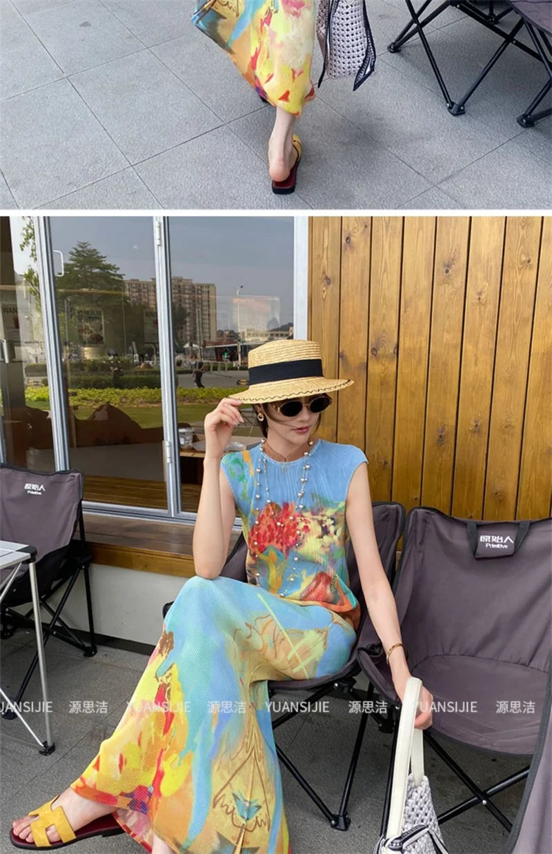 Women's Miyake Pleated Print Fishtail Dress — Chinese Style Cheongsam Summer Skirt