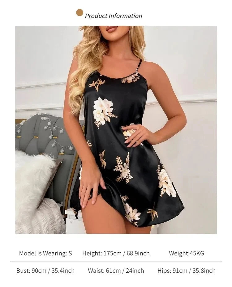 Women Nightwear Home Clothes Sexy Black Floral Printing Nightdress Sleepwear Nightshirts Silk Sleepshirts Nightgowns For Woman