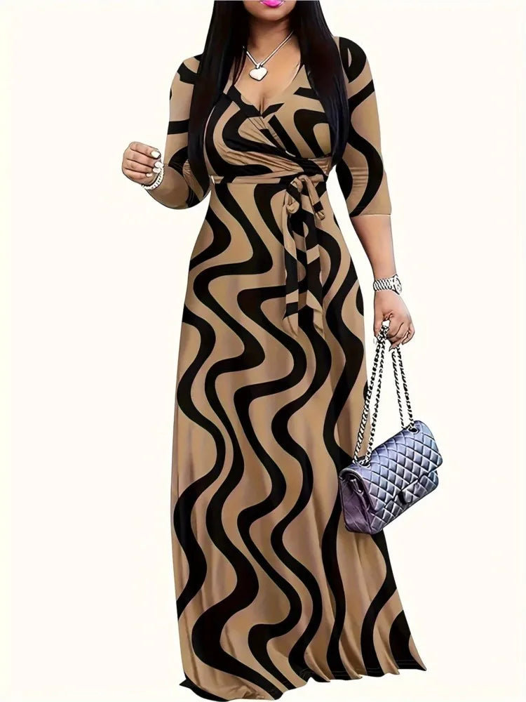 Women's Fashion Print Dress For Women Casual Sexy Deep V Neck Lace-Up Loose Dresses Robe Femme Summer Holiday Womens Clothing