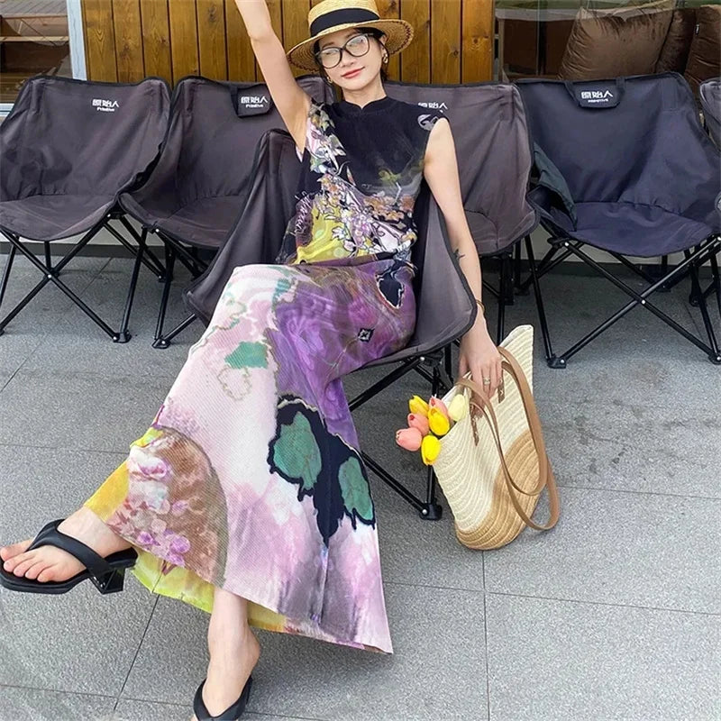 Women's Miyake Pleated Print Fishtail Dress — Chinese Style Cheongsam Summer Skirt
