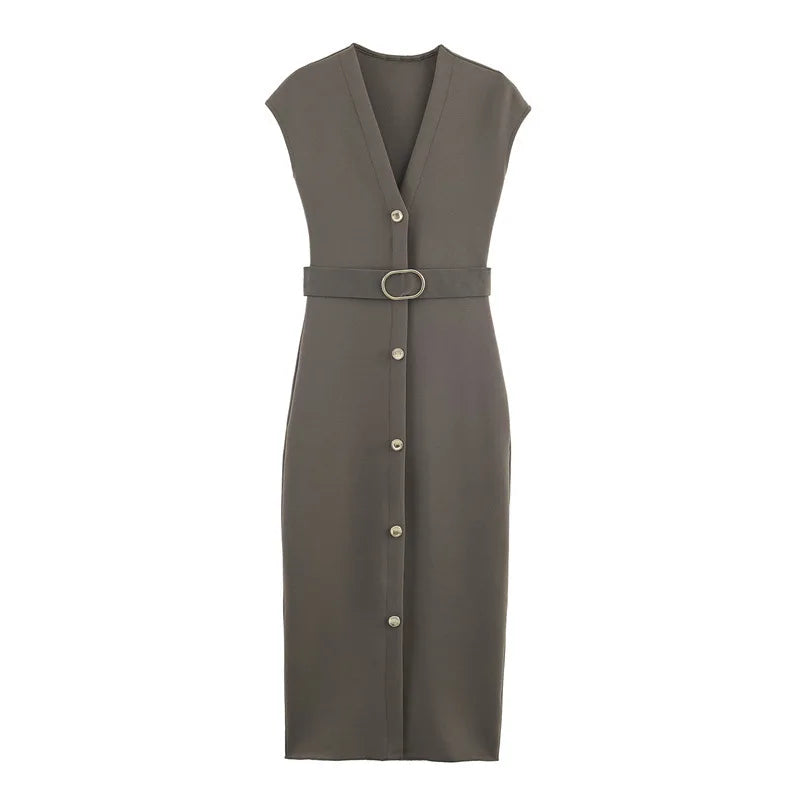 Women's clothing  fashion with belt elastic Midi dress