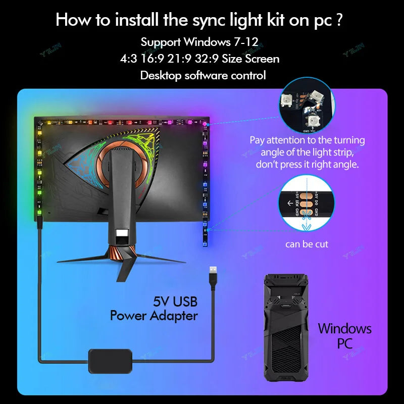 Smart USB LED Strip RGBIC Color Changing Computer Screen Color Sync Back Light Monitor Ambient Decor Windows Software Control